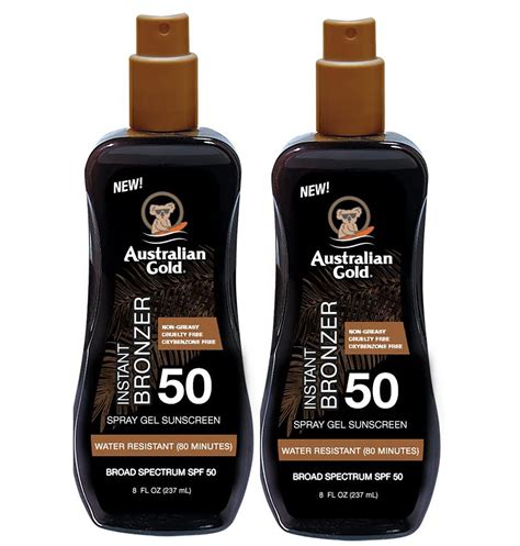 Detailný záber na produkt Australian Gold Spray Gel Sunscreen With Instant Bronzer, s dôrazom na textúru a bronzer efekt