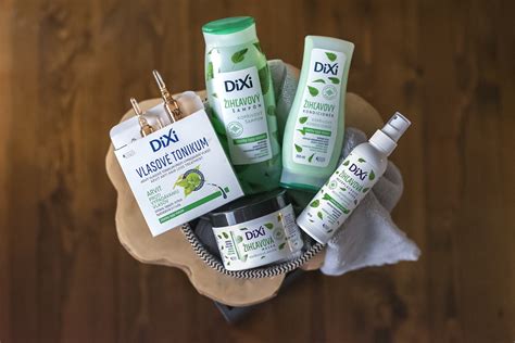 Koláž produktov z radu žihľavovej vlasovej kozmetiky Dixi