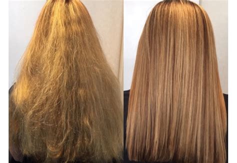 koláž pred a po aplikácii botoxu na vlasy, zobrazujúca lesk a hladkosť