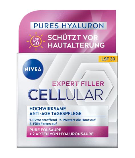 Ilustrácia kľúčových zložiek krémov NIVEA Cellular Expert Filler (kyselina hyalurónová, kreatín, extrakt z magnólie, kolagén, elastín)