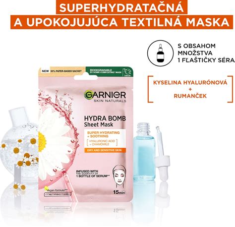 Ilustrácia rôznych typov textilných masiek Garnier s dôrazom na hydratačné a rozjasňujúce účinky