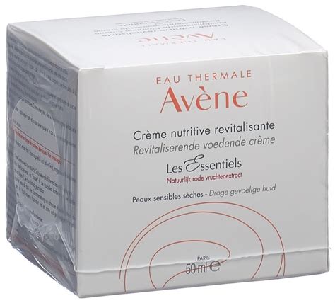 Ilustrácia zloženia krému Avène Creme Nutritive Compensatrice s vyznačením termálnej vody, bambuckého masla a vitamínov.