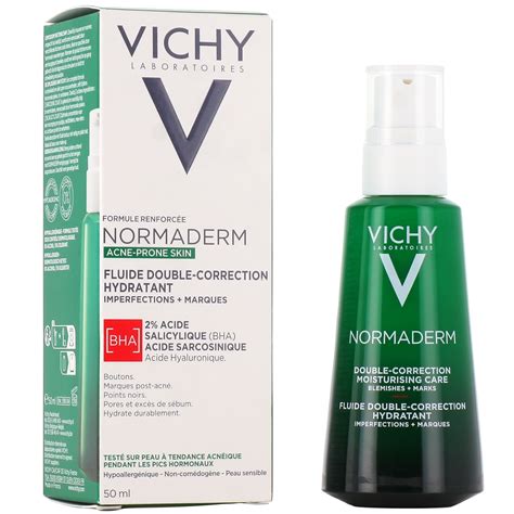 Ilustračná fotografia troch produktov sady Vichy Normaderm: fluid s SPF, micelárna voda a peelingové sérum