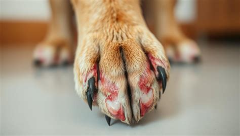 Detail labky psa s viditeľným začervenaním a miernym opuchom