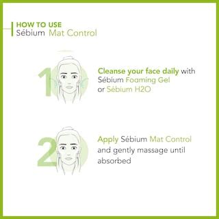 infografika ukazujúca správne kroky aplikácie krému Sébium Mat Control na tvár