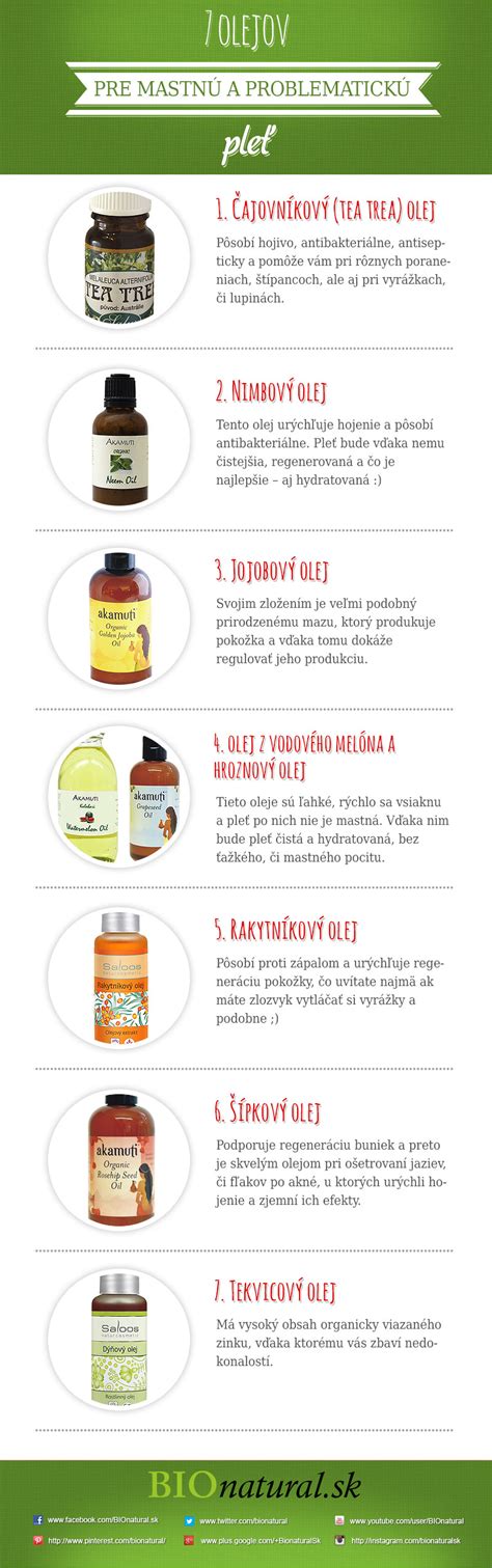 Infografika porovnávajúca účinky rôznych prírodných olejov na mastnú a problematickú pleť.