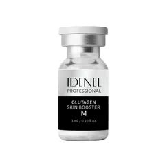 Obrázok zobrazujúci proces aplikácie Idenel Glutagen Skin Booster s popisom jeho účinkov.