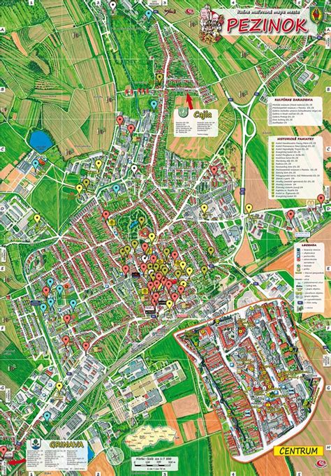 Mapa mesta Pezinok s vyznačenými zdravotníckymi zariadeniami