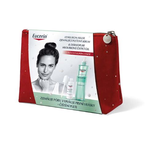 Obal vianočnej kazety Eucerin Hyaluron-Filler+Elasticity s denným a nočným krémom a kozmetickou taštičkou.