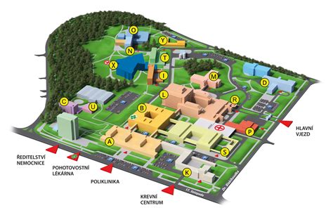 Plán nemocnice s vyznačenými ambulanciami a oddeleniami