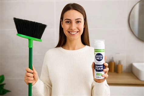 žena s penou na holenie a žiletkou
