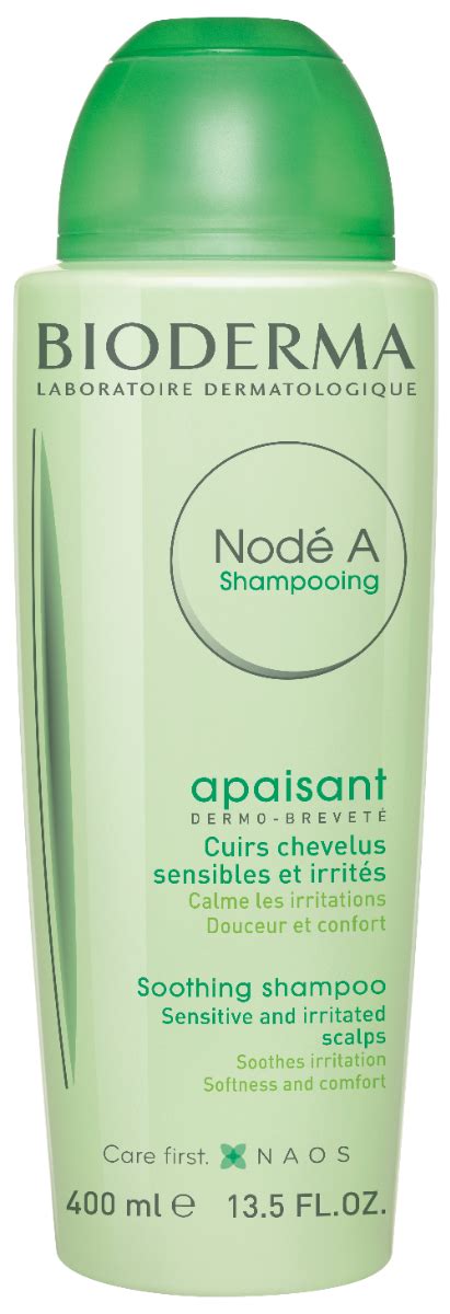 Schéma pôsobenia šampónu Bioderma Nodé A na pokožku hlavy: hydratácia, redukcia svrbenia a posilnenie vlasového vlákna.