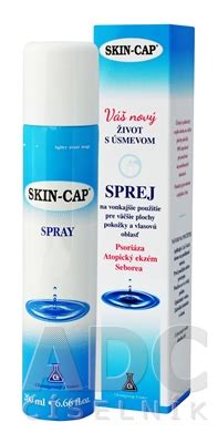 Ilustrácia rôznych foriem produktu Skin-Cap: sprej, krém a šampón.