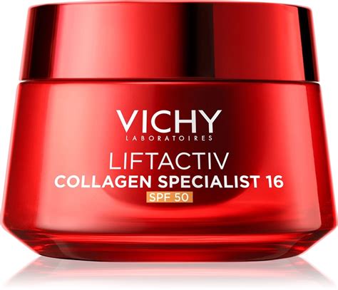 Infografika zobrazujúca 16 znakov starnutia, ktoré Vichy Liftactiv Collagen Specialist 16 redukuje.