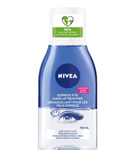 Thematic photo of NIVEA double-phase eye make-up remover bottle with cotton pads and water drops