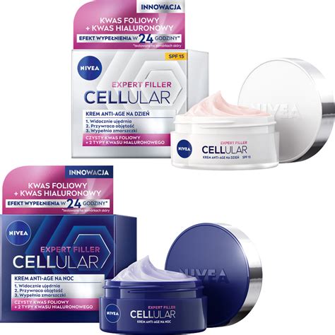 Ilustrácia zloženia denného krému Nivea Cellular Filler s dôrazom na kyselinu hyalurónovú, kolagén a elastín.