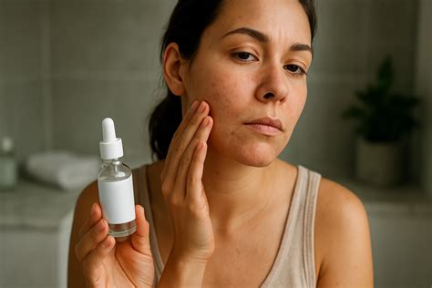 Tematické foto: Žena v procese starostlivosti o pleť, s rôznymi kozmetickými produktmi na pozadí