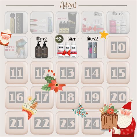 ukážka kozmetického adventného kalendára s rozloženými produktmi