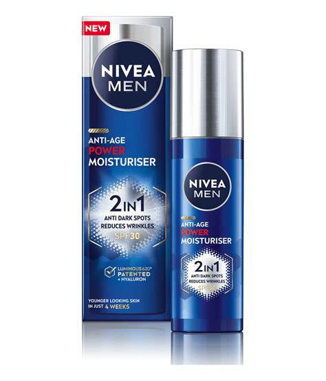 ilustrácia: pred a po použití Nivea Men Power krému, s naznačením redukcie vrások a tmavých škvŕn