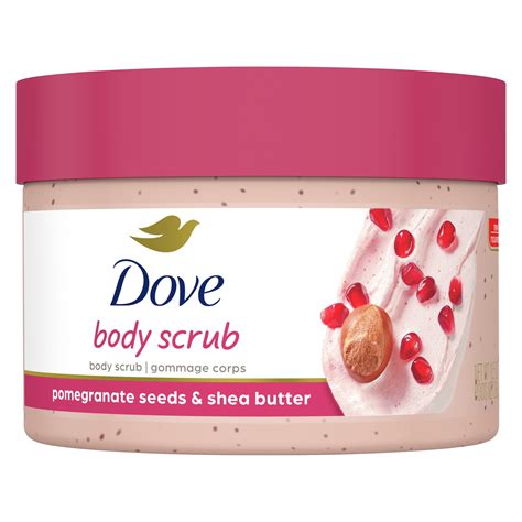 Detailné zábery na textúru Dove Exfoliating Body Scrub Pomegranate Seeds & Shea Butter a jeho zloženie