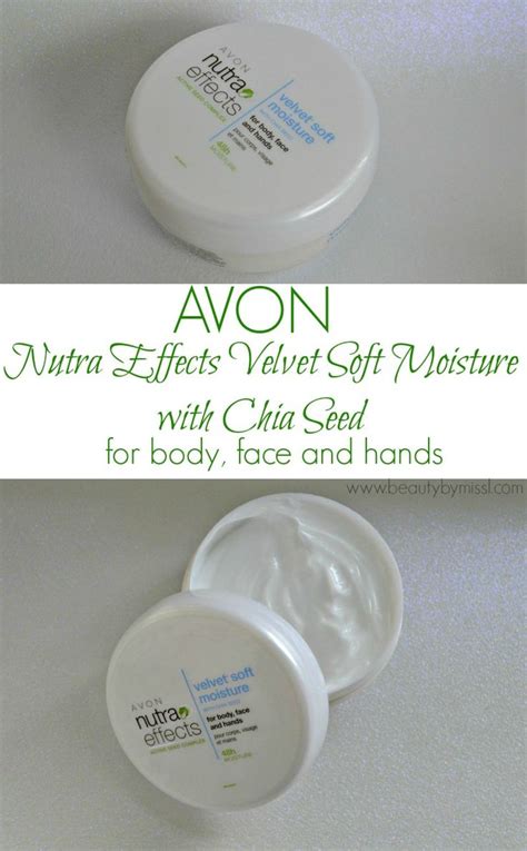 Infografika zloženia krému AVON nutra effects velvet soft moisture s dôrazom na chia semienka a ďalšie aktívne zložky