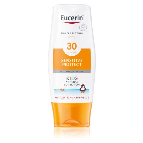 Fotografie rôznych produktov Eucerin, ako sú krémy, séra a opaľovacie mlieka