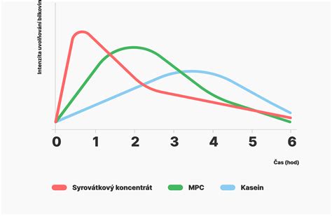 Infografika porovnania vstrebávania srvátkového proteínu (rýchly vrchol) a micelárneho kazeínu (pomalé, dlhodobé uvoľňovanie).