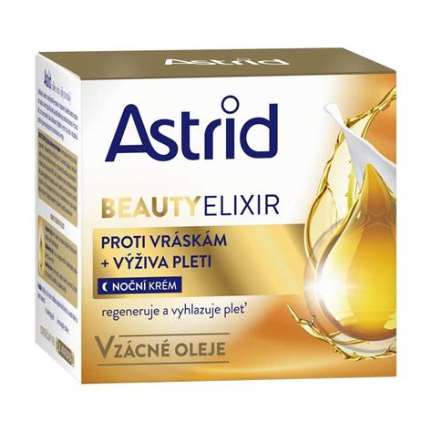 Infografika zobrazujúca hlavné zložky Astrid Beauty Elixir krém proti vráskam: arganový olej, makadamový olej, mandľový olej, PRO-ELASKIN, UV filtre