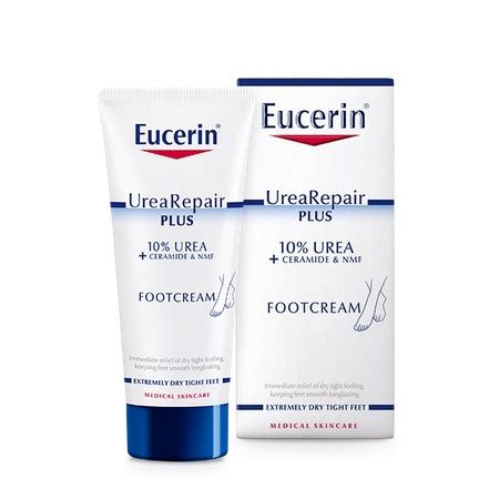 Tuba Eucerin UreaRepair PLUS krém na nohy s 10% ureou a detail textúry krému