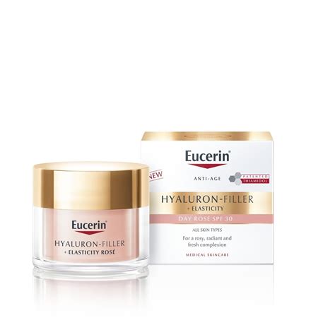 Koláž produktov radu Eucerin Hyaluron-Filler + Elasticity, vrátane denného a očného krému