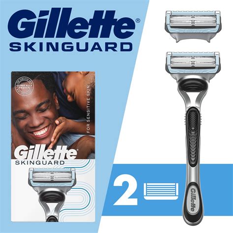Ilustrácia holiaceho strojčeka Gillette SkinGuard Sensitive s detailným zobrazením technológie SkinGuard medzi britmi.