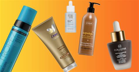 Koláž rôznych typov samoopaľovacích produktov (krém, pena, sprej, kvapky)